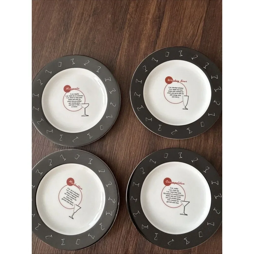 Pottery Barn Retro Bar Set of 4 Appetizer Salad Plates Mixed Drink Recipes 8.5”